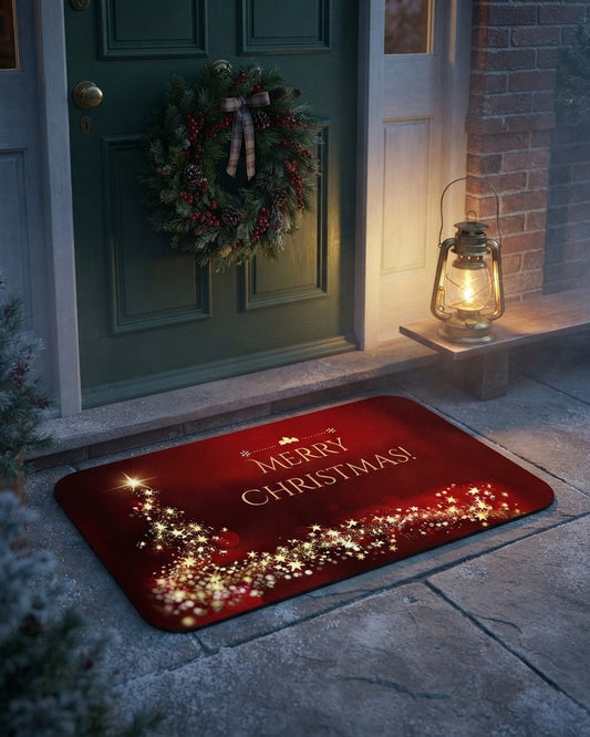 Non-Slip Christmas Door Mat with Golden Star Tree, Crimson