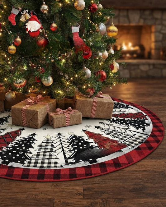 Quilted Round Christmas Tree Skirt with Buffalo Check Border