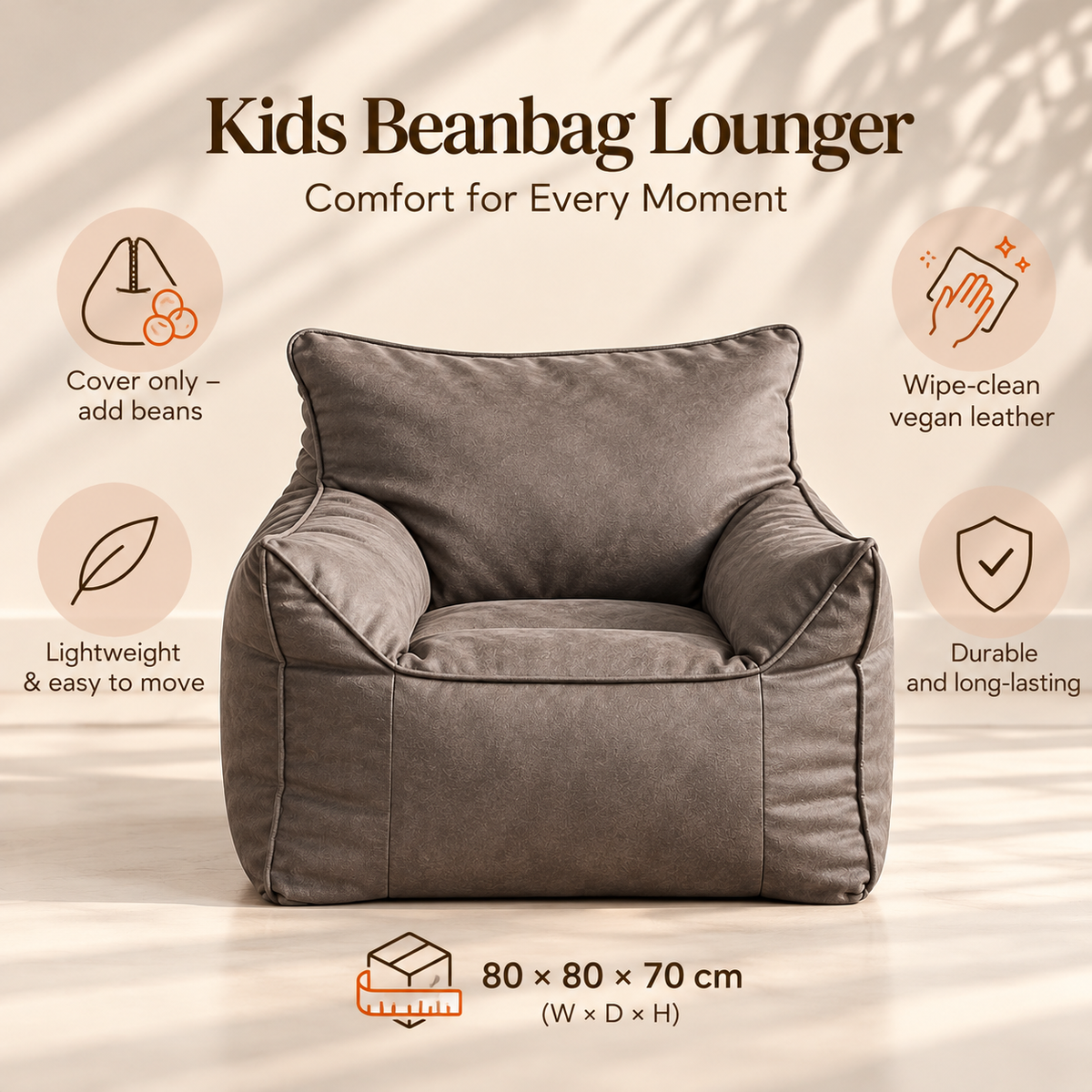 Kids Bean Bag Lounger Cover in Faux Leather, Gray