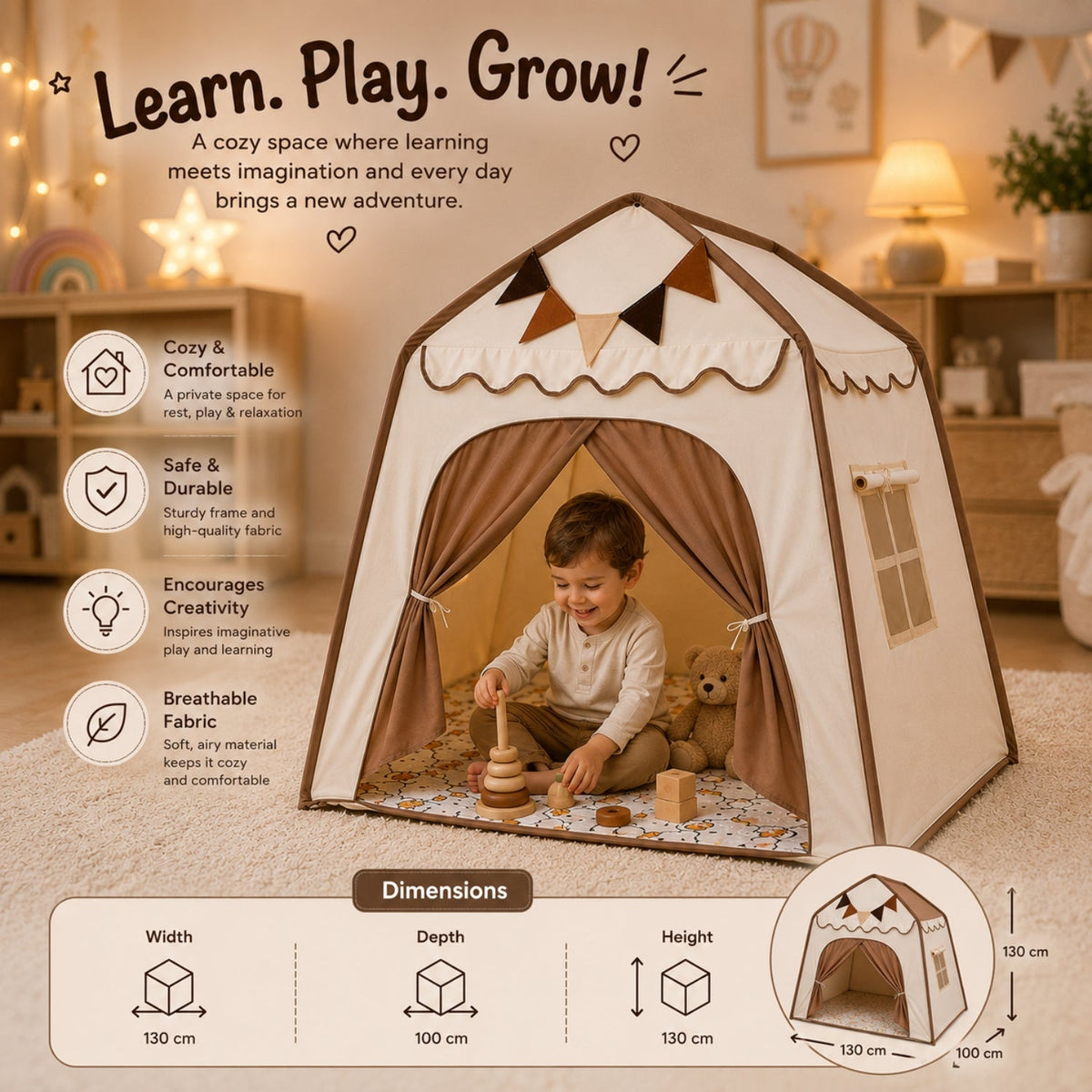 Kids Canopy Play Tent with Fibreglass Rods, Beige & Brown