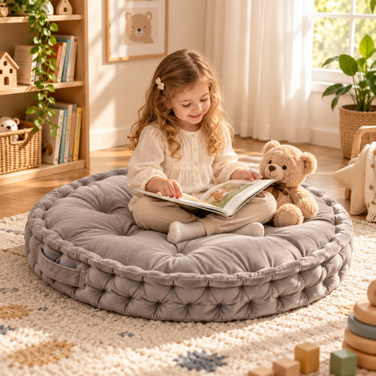 Kids Floor Cushion with Carry Handle – Plush Fabric, 60 cm, Gray