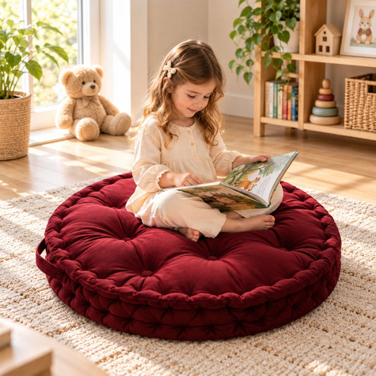 Kids Floor Cushion with Carry Handle – Plush Fabric, 60 cm, Dark Red