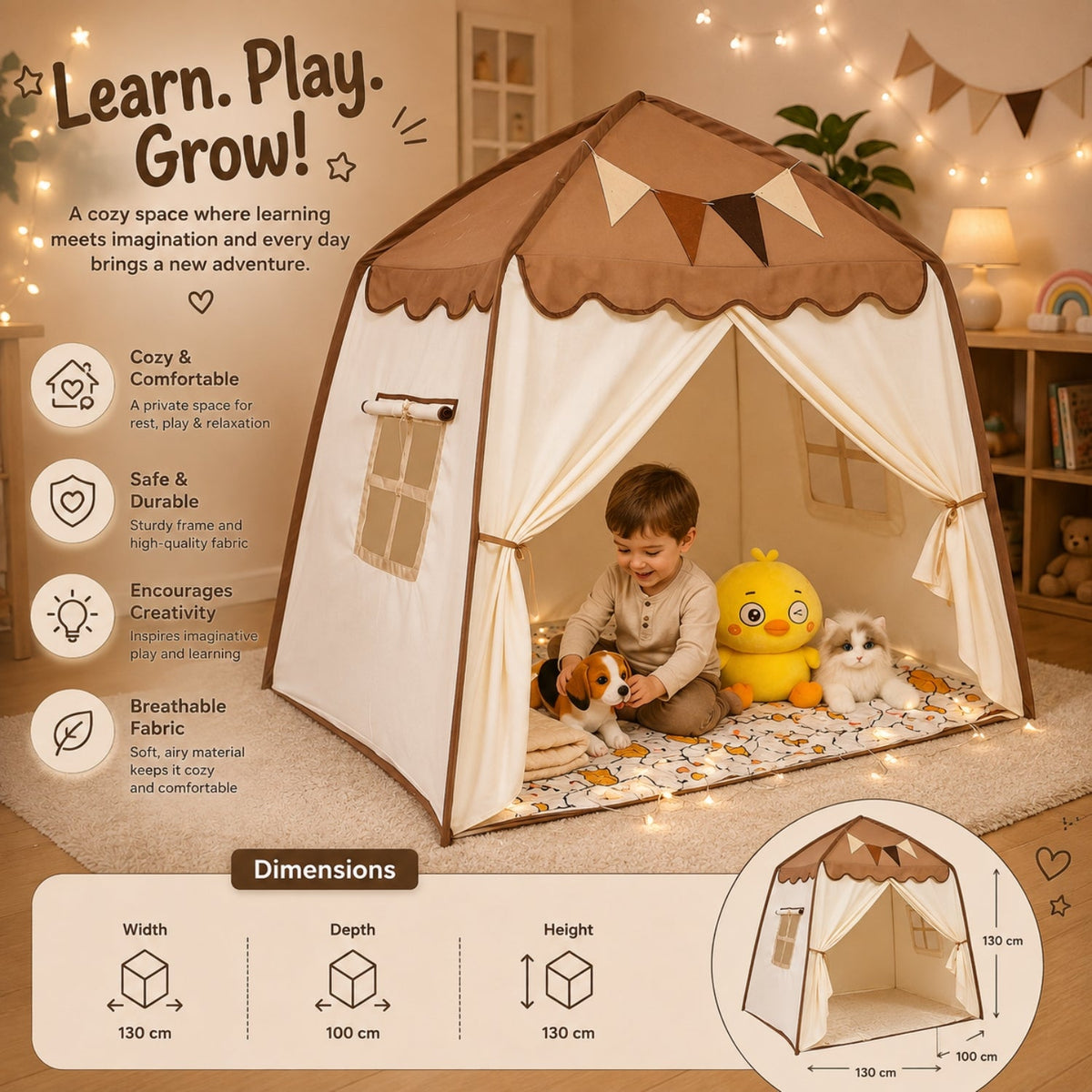 Kids Canopy Play Tent with Fibreglass Rods, Brown Canopy