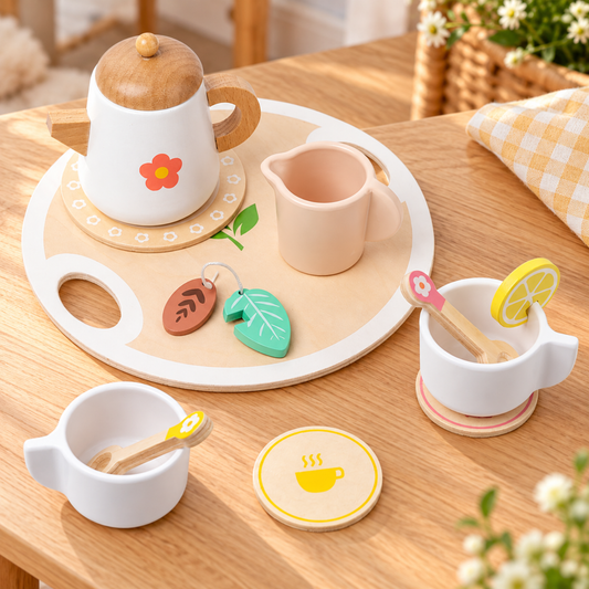 Wooden Tea Party Pretend Play Set with Cups, Tray and Desserts