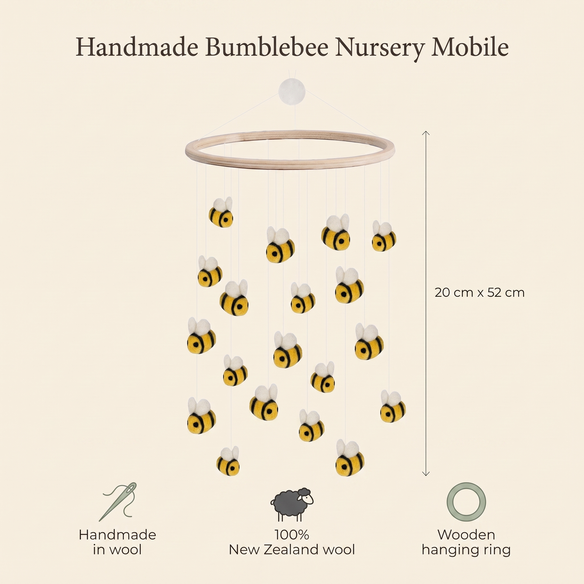 Wool Felt Nursery Mobile with Bumblebees, Natural Wood