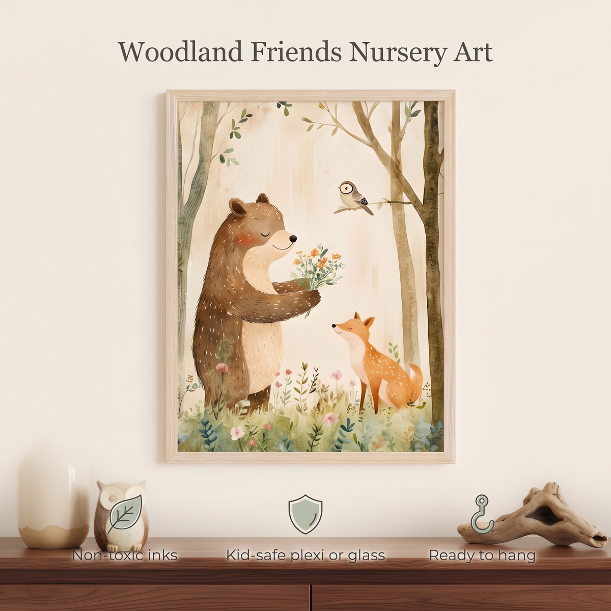 Woodland Bear and Forest Friends Wall Art Print, Blush and Sage