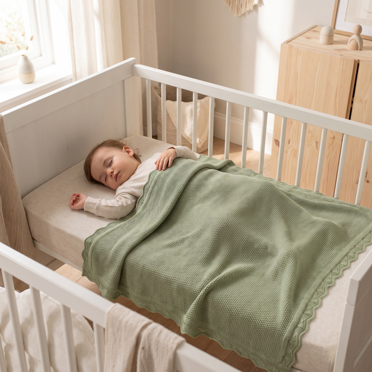 Knitted Baby Blanket in 100% Cotton, Sage Green
