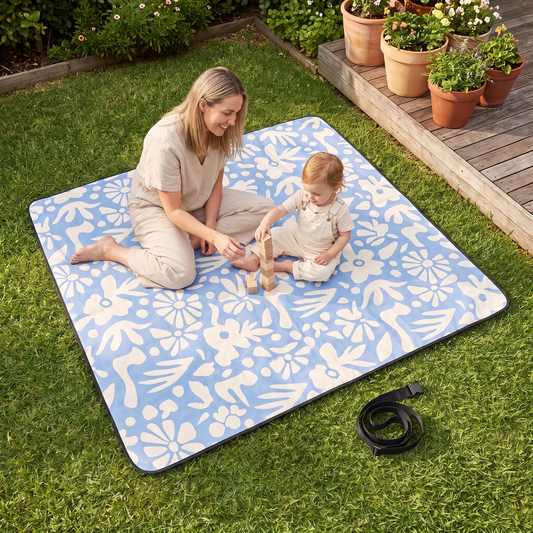 Roll-Up Picnic Rug with Foam Lining, Butter Blue Check