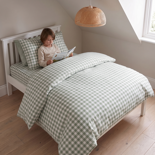 Kids Gingham Cotton Quilt Cover for Single Beds, Sage