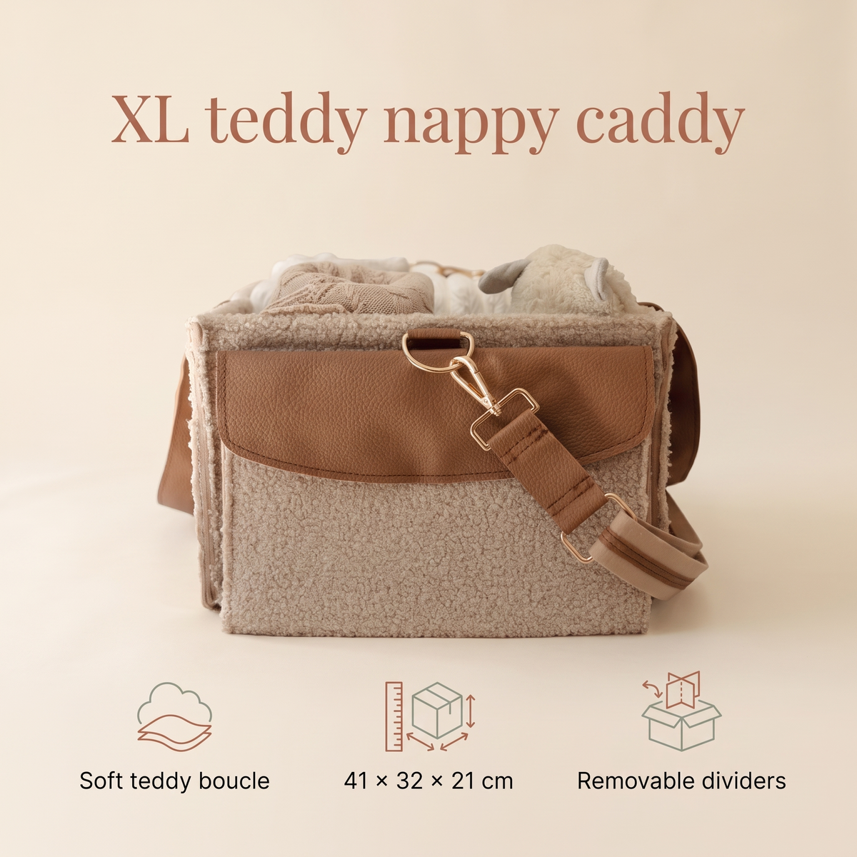 XL Teddy Boucle Nappy Caddy with Removable Dividers, Nude Tan