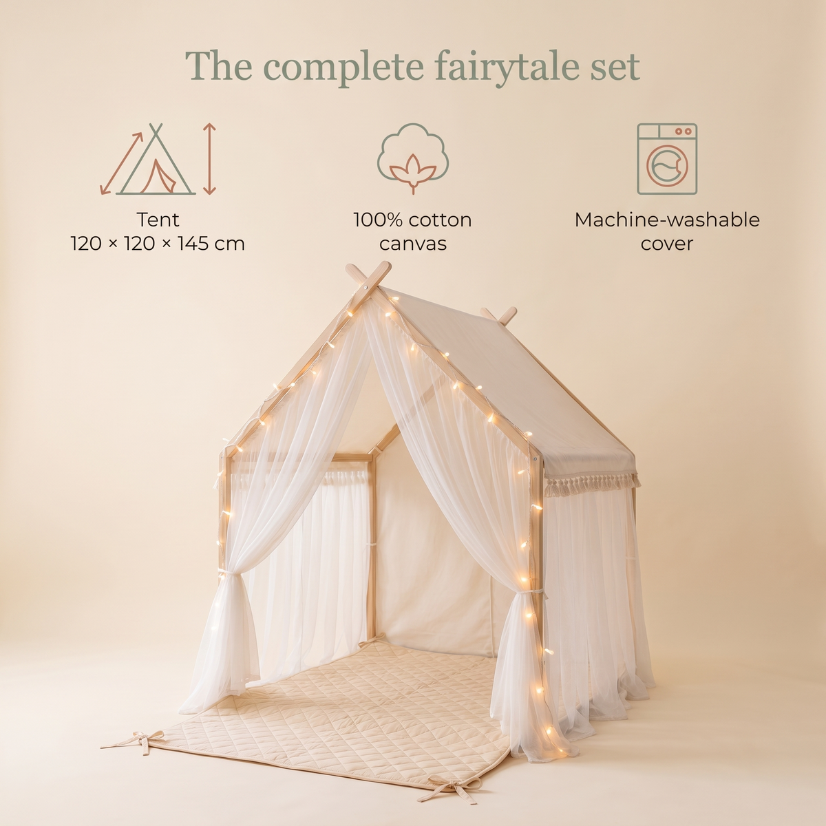 Fairytale Play Tent Set with Quilted Mat and USB Fairy Lights, Ivory