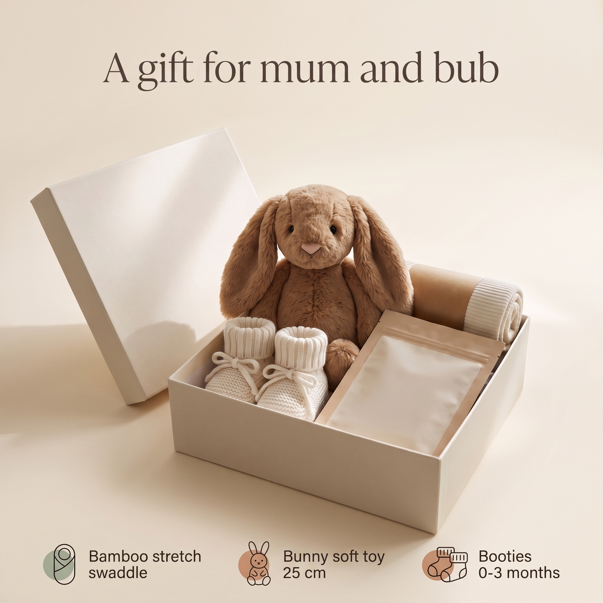 Mum and Baby Gift Box with Bamboo Swaddle, Bunny Toy and Booties, Oat