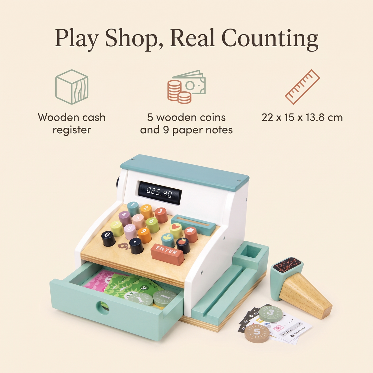 Wooden Play Cash Register with Coins, Notes and Receipts, Multicolored