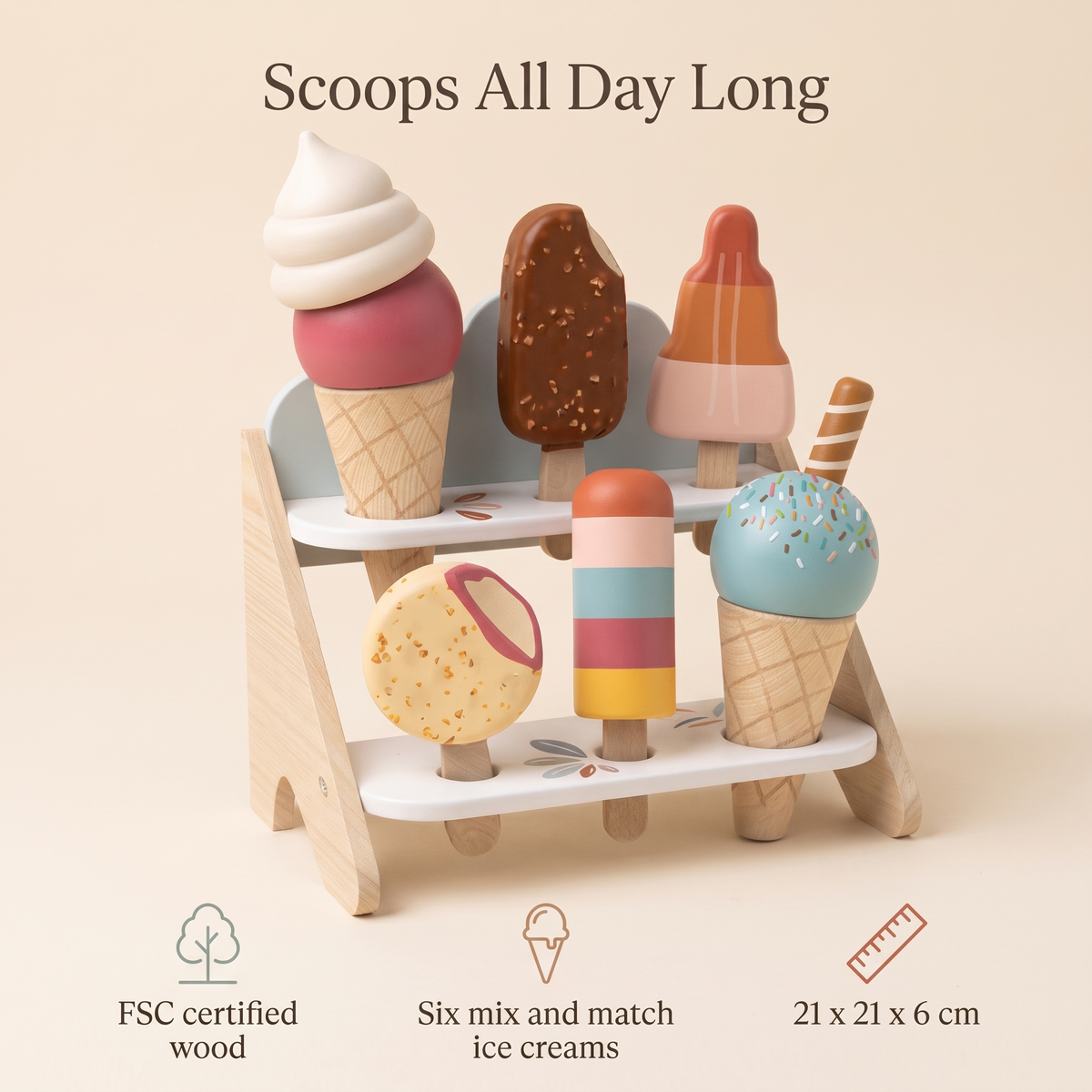 Wooden Ice Cream Shop Set with 6 Mix-and-Match Cones and Stand