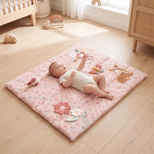 Padded Playpen Play Mat with Sewn-In Sensory Toys – Pink, 80 x 100 cm