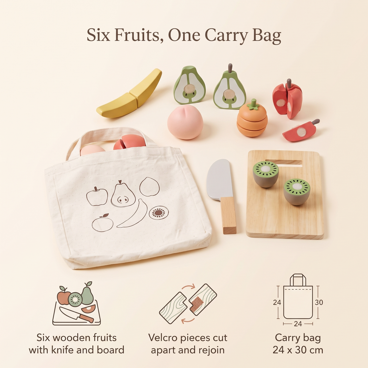Wooden Play Fruit Set with Chopping Board and Carry Bag