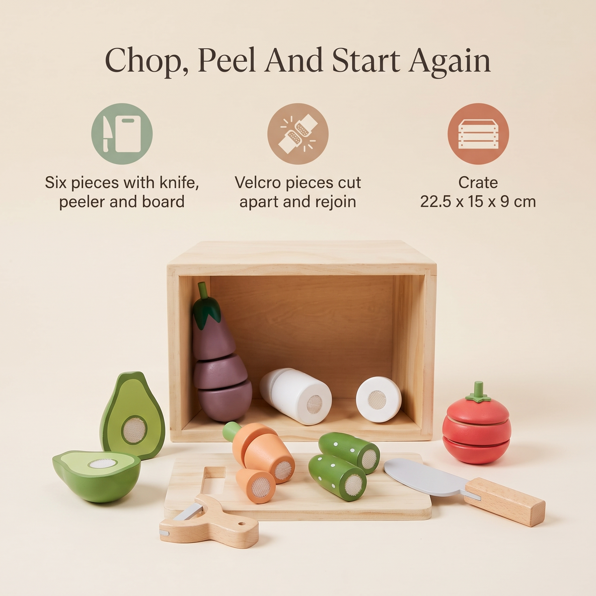 Wooden Veggie Crate Play Set with Knife, Peeler and Chopping Board