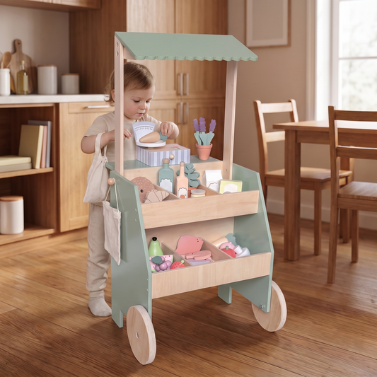 Wooden Market Stall with Scale, Till and 28 Play Food Pieces – 78 cm