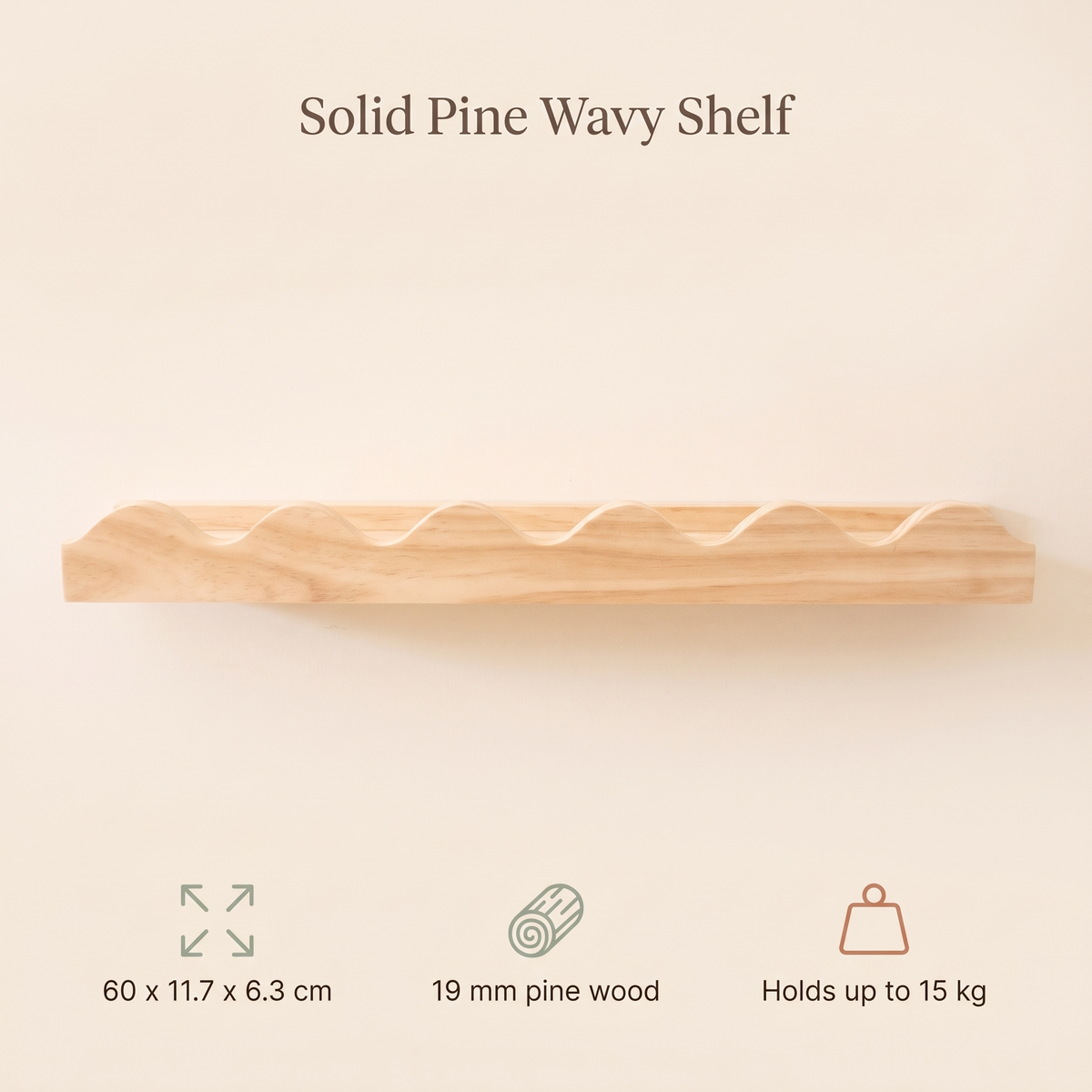 Wavy Floating Wall Shelf with Scalloped Edge – Raw Pine, 60 cm