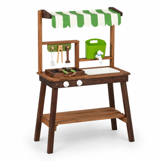 Wooden Outdoor BBQ Play Kitchen with Striped Canopy and Sink
