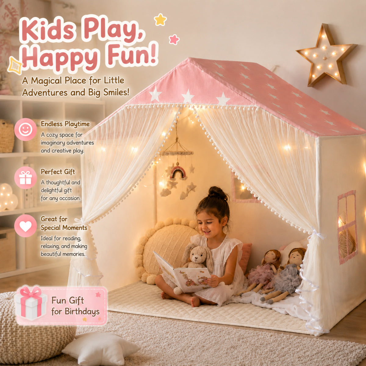Kids Play Tent with Padded Mat, Lights and Pom Poms, Pink Star