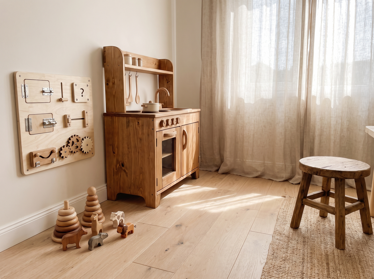 Wooden play kitchen and montessori toys in a playroom