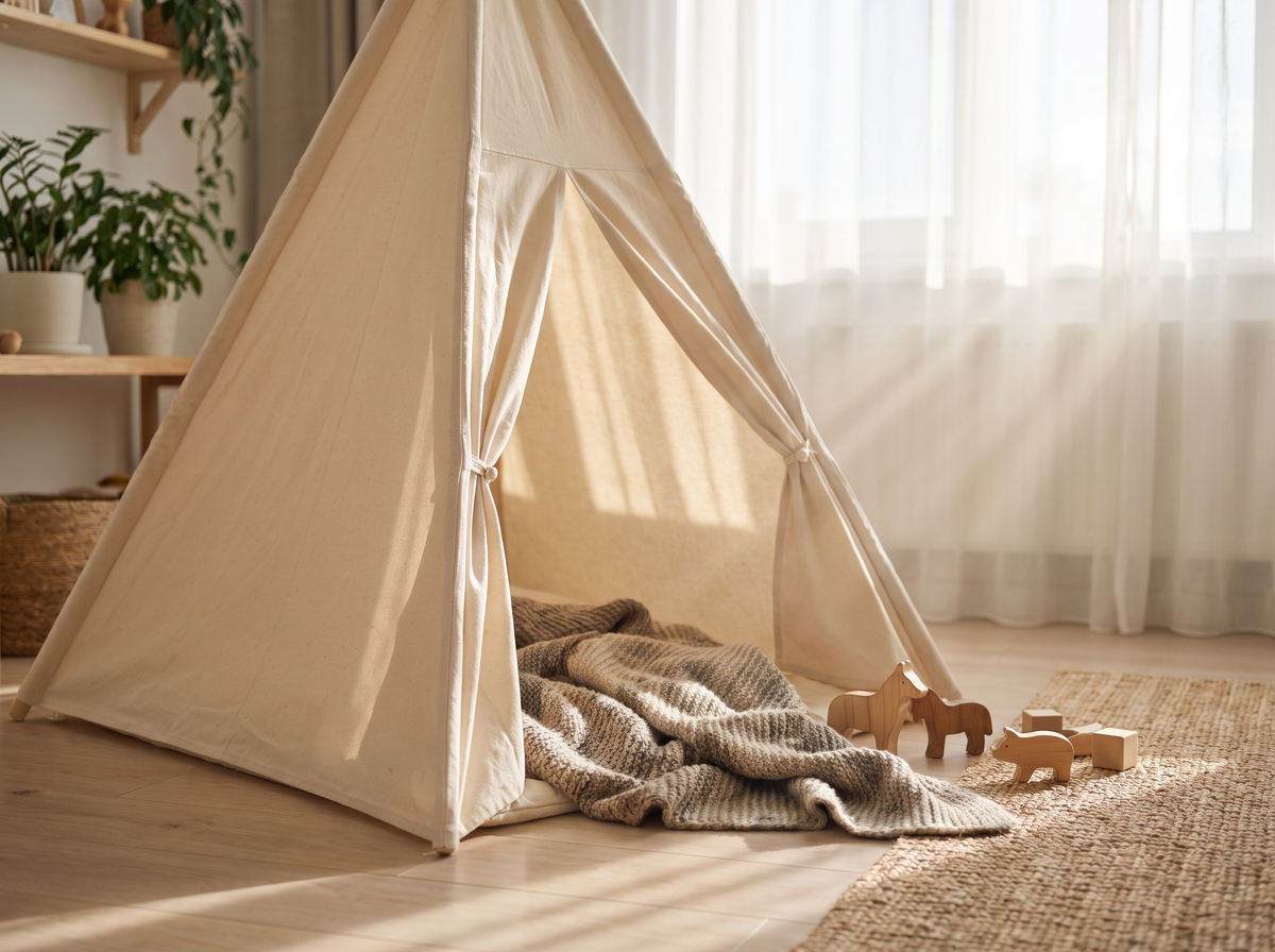 Cream canvas teepee play tent in a bright playroom