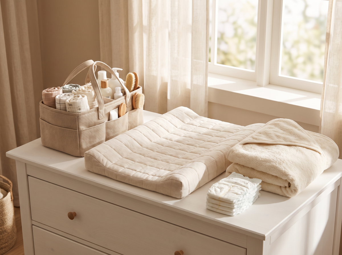 Baby care changing station with nappy caddy and hooded towel