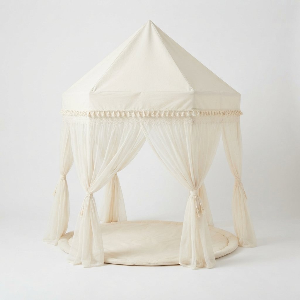 Kids Pavilion Play Tent with Tassel Trim and Tulle Panels, Ecru