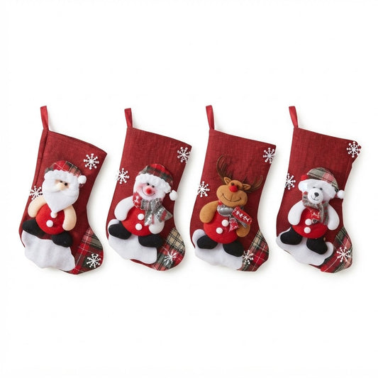 Christmas Stockings with Santa, Snowman, Reindeer and Polar Bear, Red Tartan