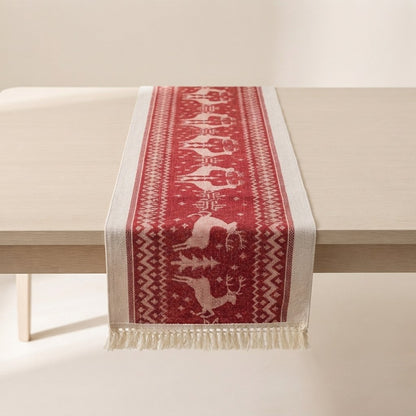 Christmas Table Runner with Tassel Fringe, Crimson and Cream