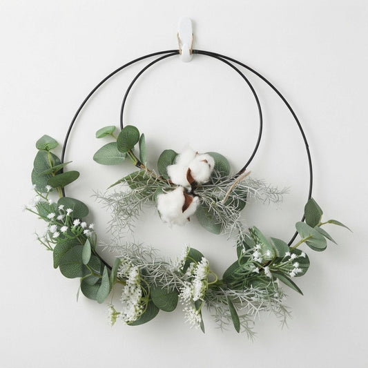 Double Hoop Wreath with Faux Eucalyptus and Cotton Stems – Black Metal, 43 cm