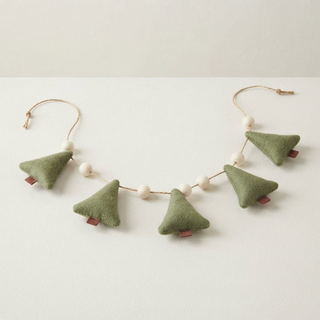 Felt Christmas Tree Garland with White Snowball Beads, 1.3 m
