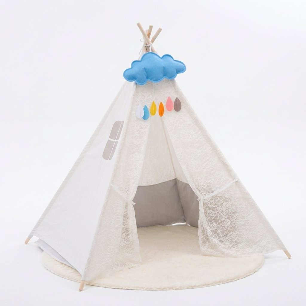 Lace Teepee Play Tent with Cloud Garland and Floor Mat, White