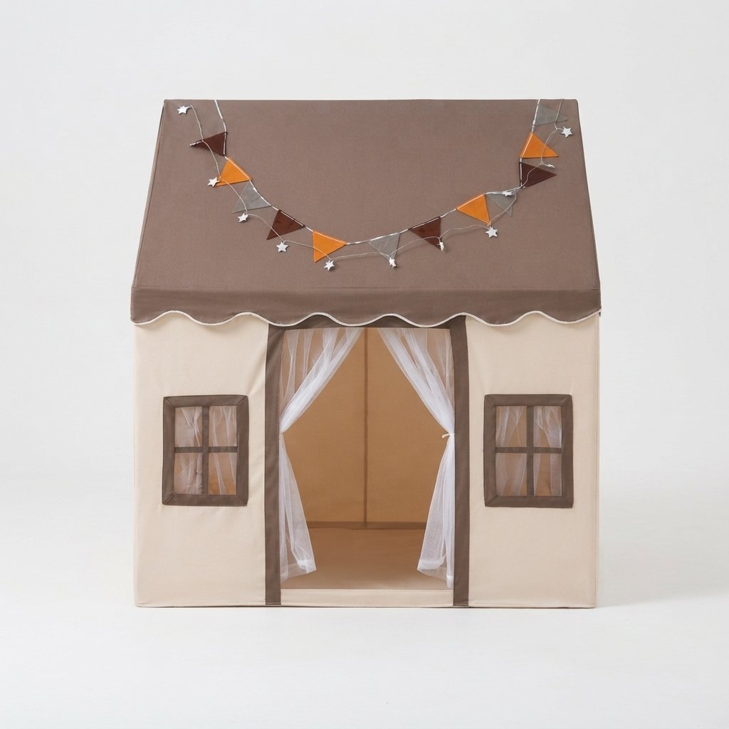 Kids Playhouse Tent with Padded Mat and Sheer Curtain Door, Beige