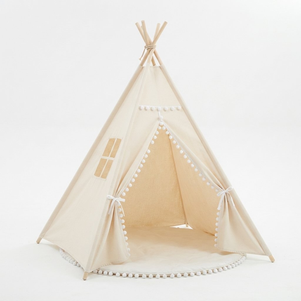 Cotton Canvas Teepee Play Tent with Pom-Pom Trim, Cream