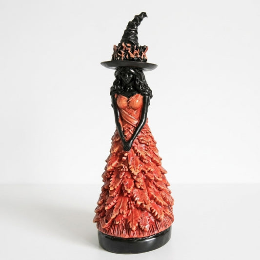 Resin Witch Figurine with Leaf Gown and Pointed Hat, 6.7 in