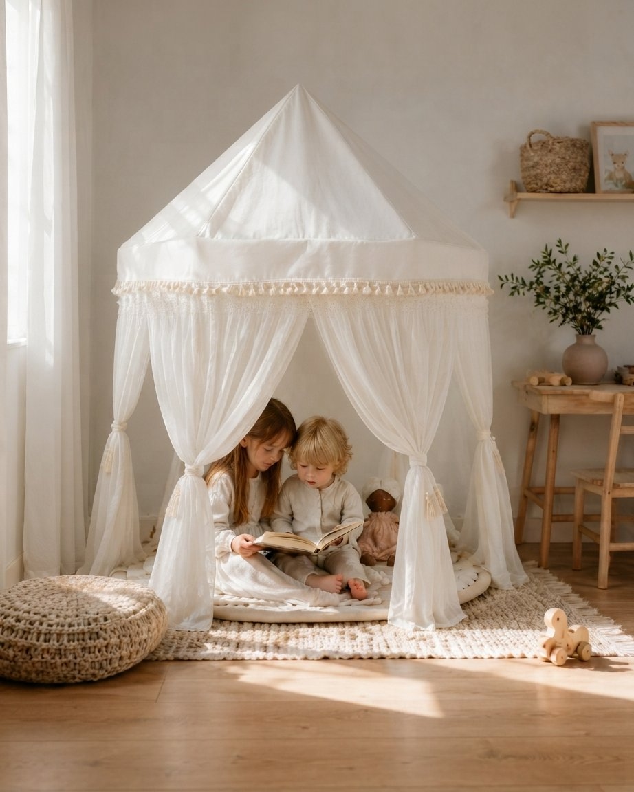 Kids Pavilion Play Tent with Tassel Trim and Tulle Panels, Ecru