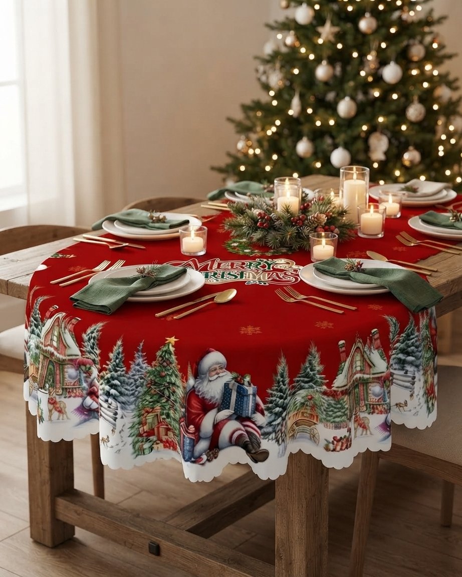 Christmas Tablecloth with Santa and Snowflake Border, Red