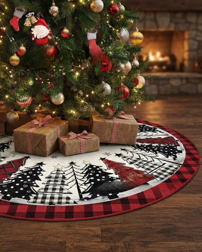 Quilted Round Christmas Tree Skirt with Buffalo Check Border