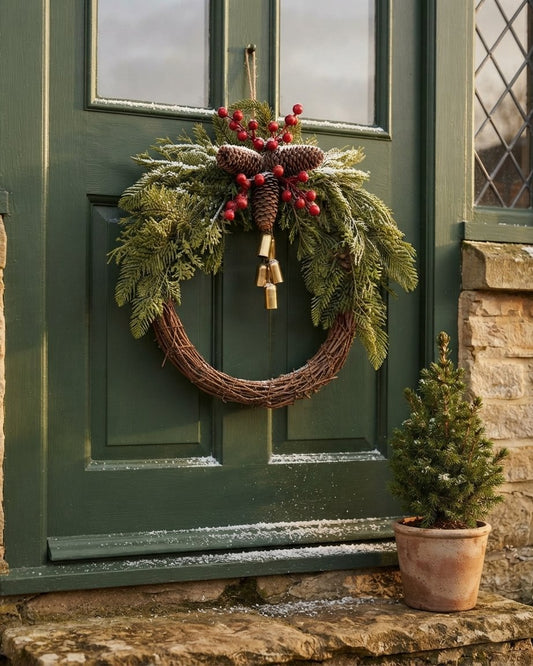 Christmas Wreath with Pinecones, Red Berries and Gold Bells, 17"
