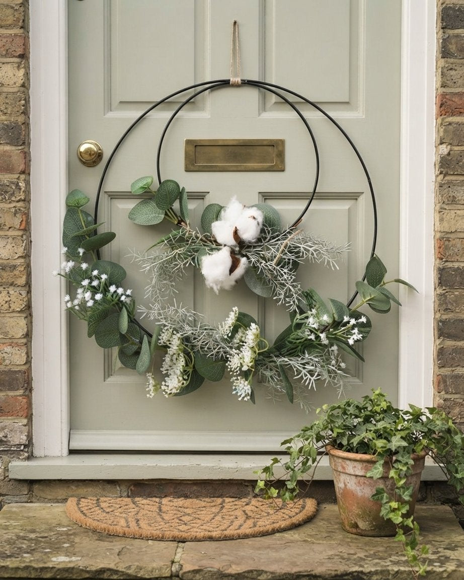 Double Hoop Wreath with Faux Eucalyptus and Cotton Stems – Black Metal, 43 cm