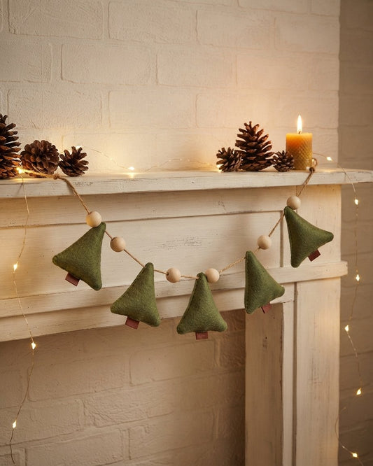 Felt Christmas Tree Garland with White Snowball Beads, 1.3 m