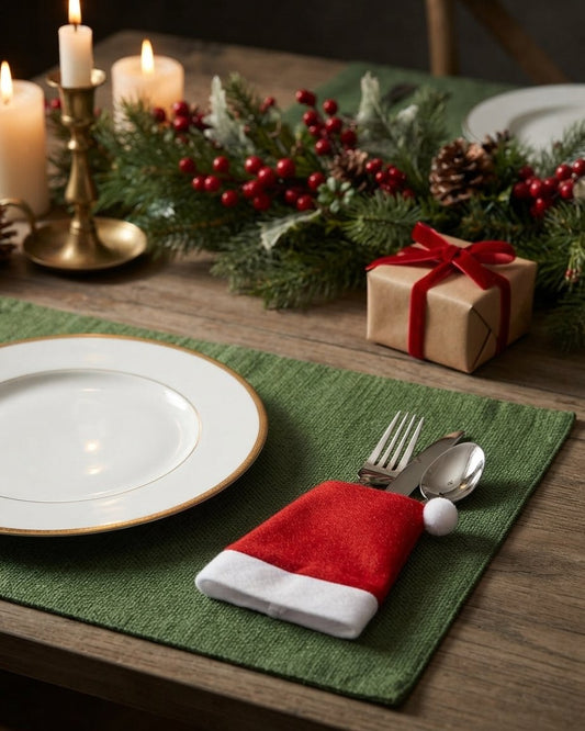 Santa Hat Felt Cutlery Holders, Set of 10, Red and White