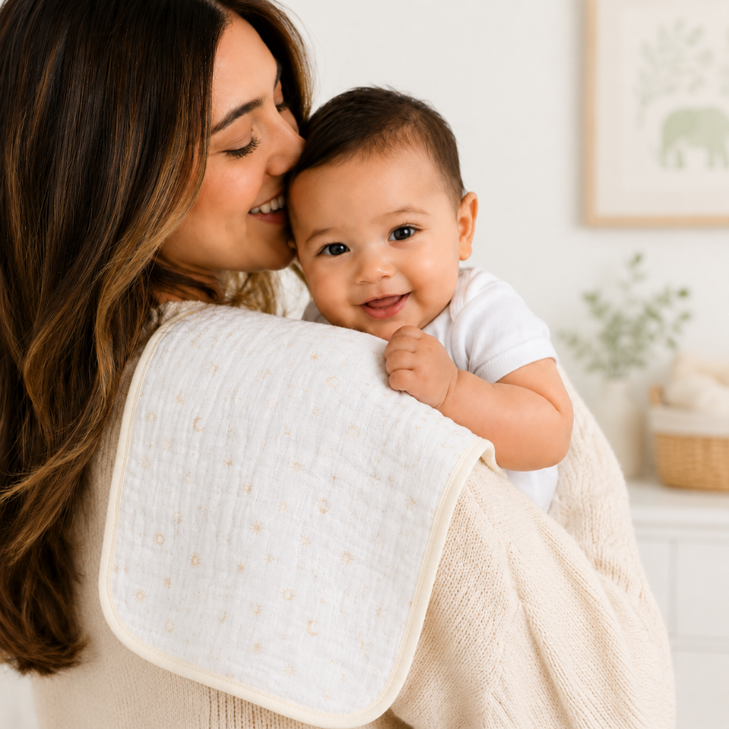 Muslin Cotton Burp Cloth Set of 5, Printed and Plain