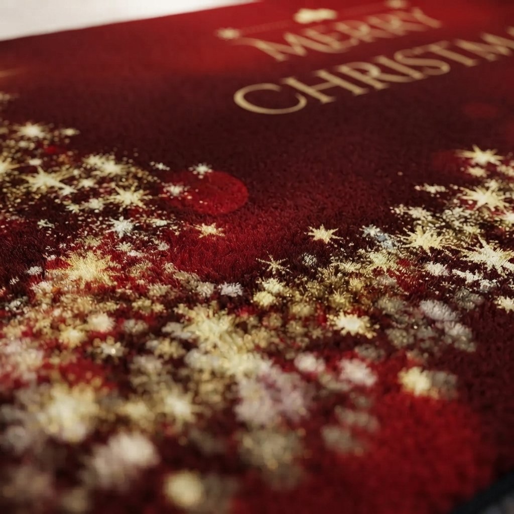 Non-Slip Christmas Door Mat with Golden Star Tree, Crimson