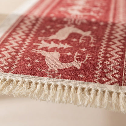 Christmas Table Runner with Tassel Fringe, Crimson and Cream