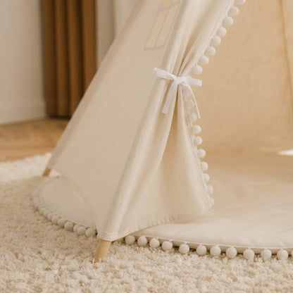 Cotton Canvas Teepee Play Tent with Pom-Pom Trim, Cream