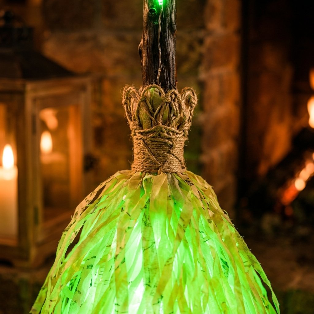 Light-Up Witch's Broom Decoration with Sound and Vibration, Green