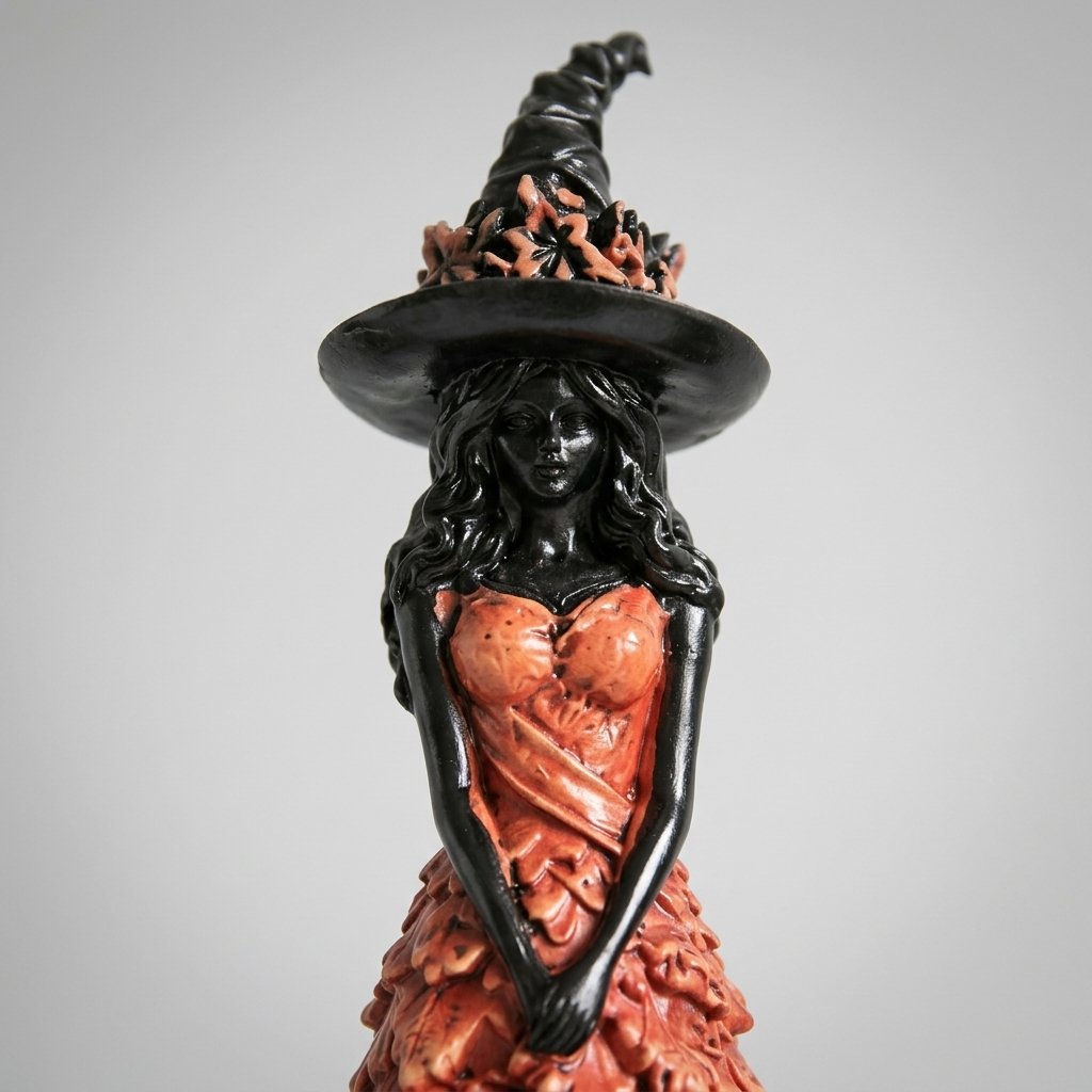 Resin Witch Figurine with Leaf Gown and Pointed Hat, 6.7 in